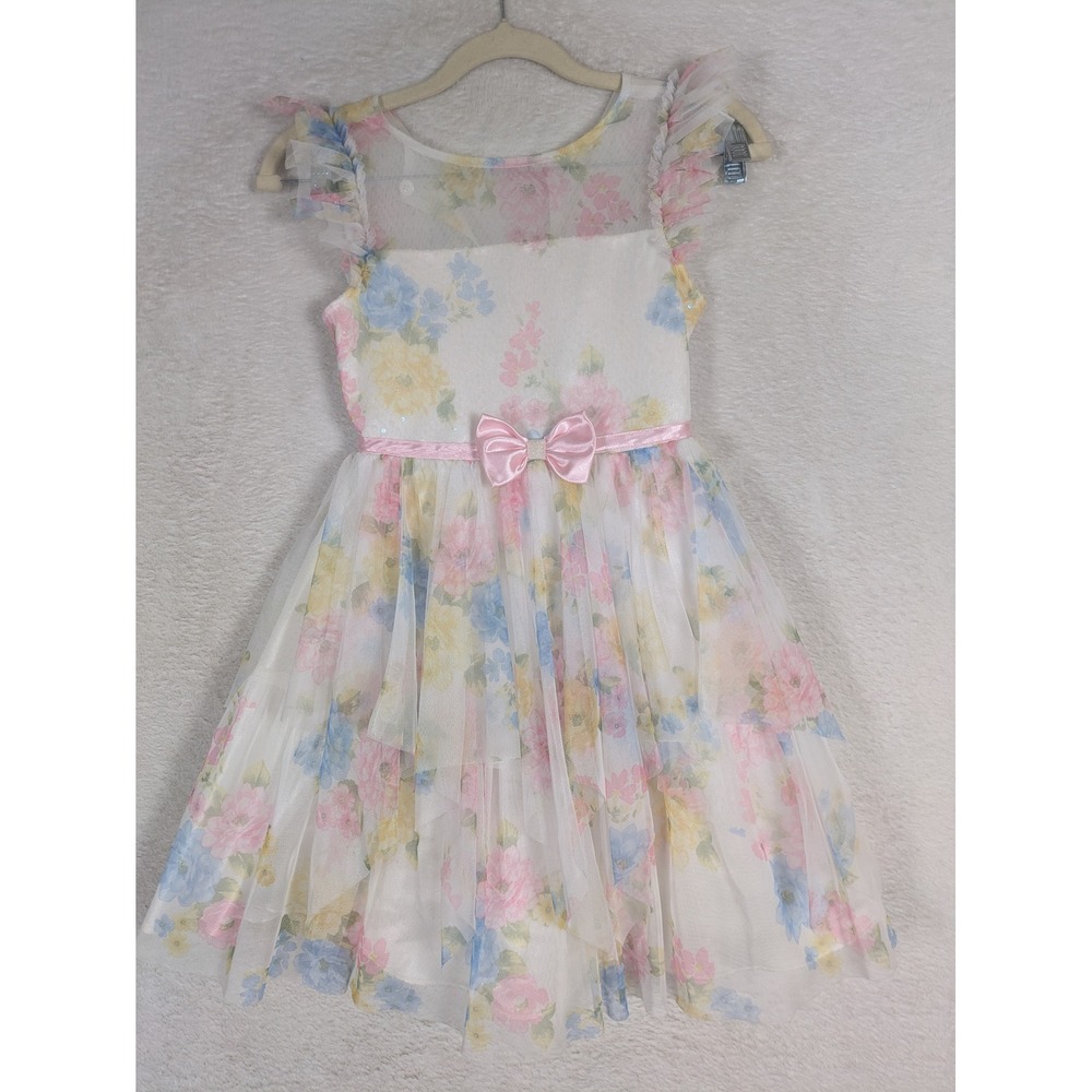 Jona Michelle Party Dress Girl's Size 7 White Floral Sequin Tiered Tulle Bow